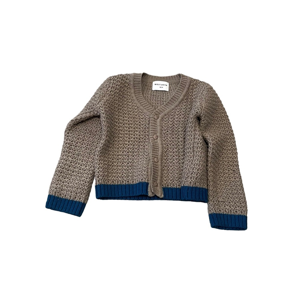 WOLF & RITA LIGHT BROWN KNIT BLUE STRIPE CARDIGAN SWEATER 18-24 M